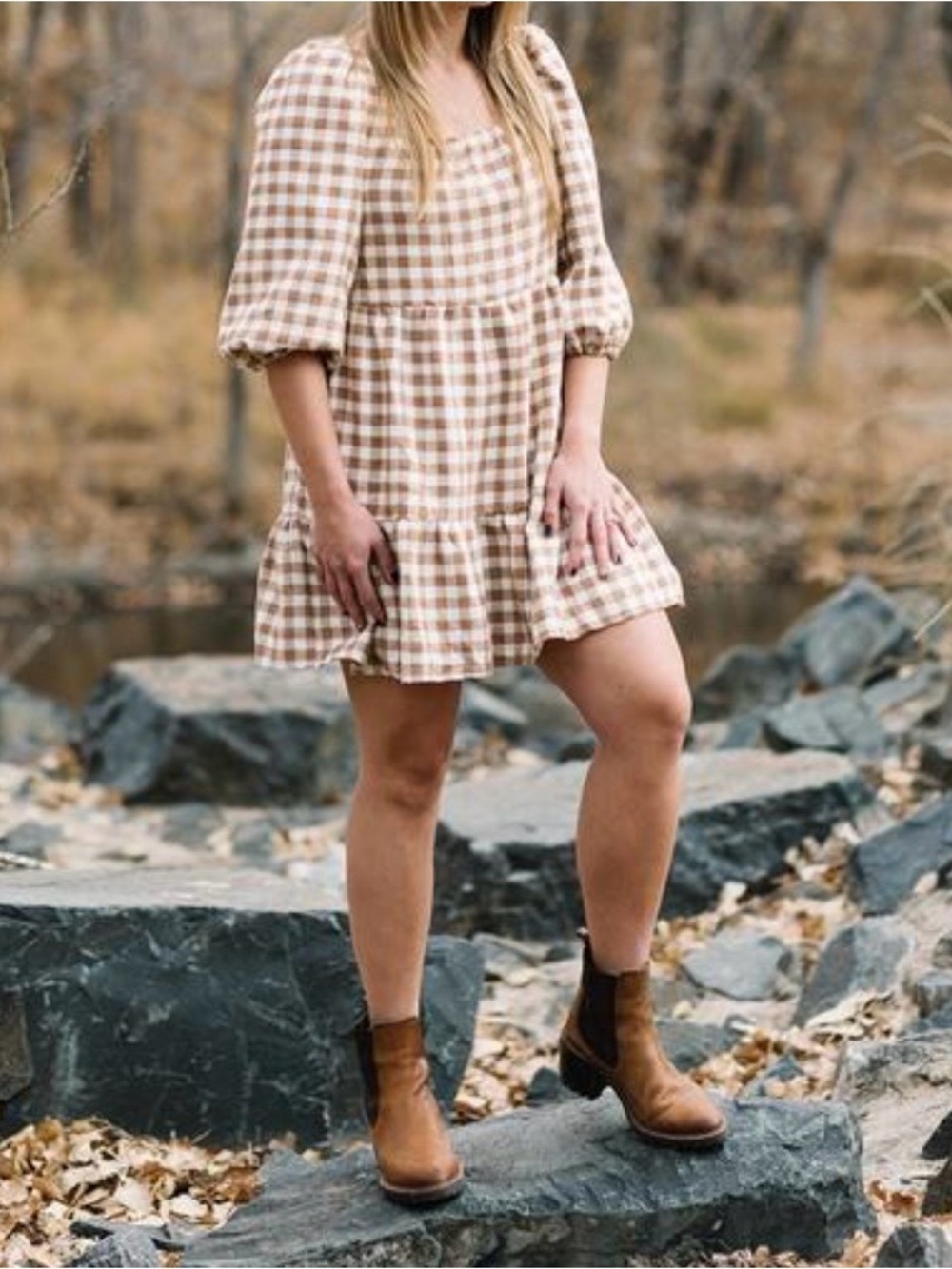 Women’s Beige Plaid Babydoll Dress - Neutral Check Print